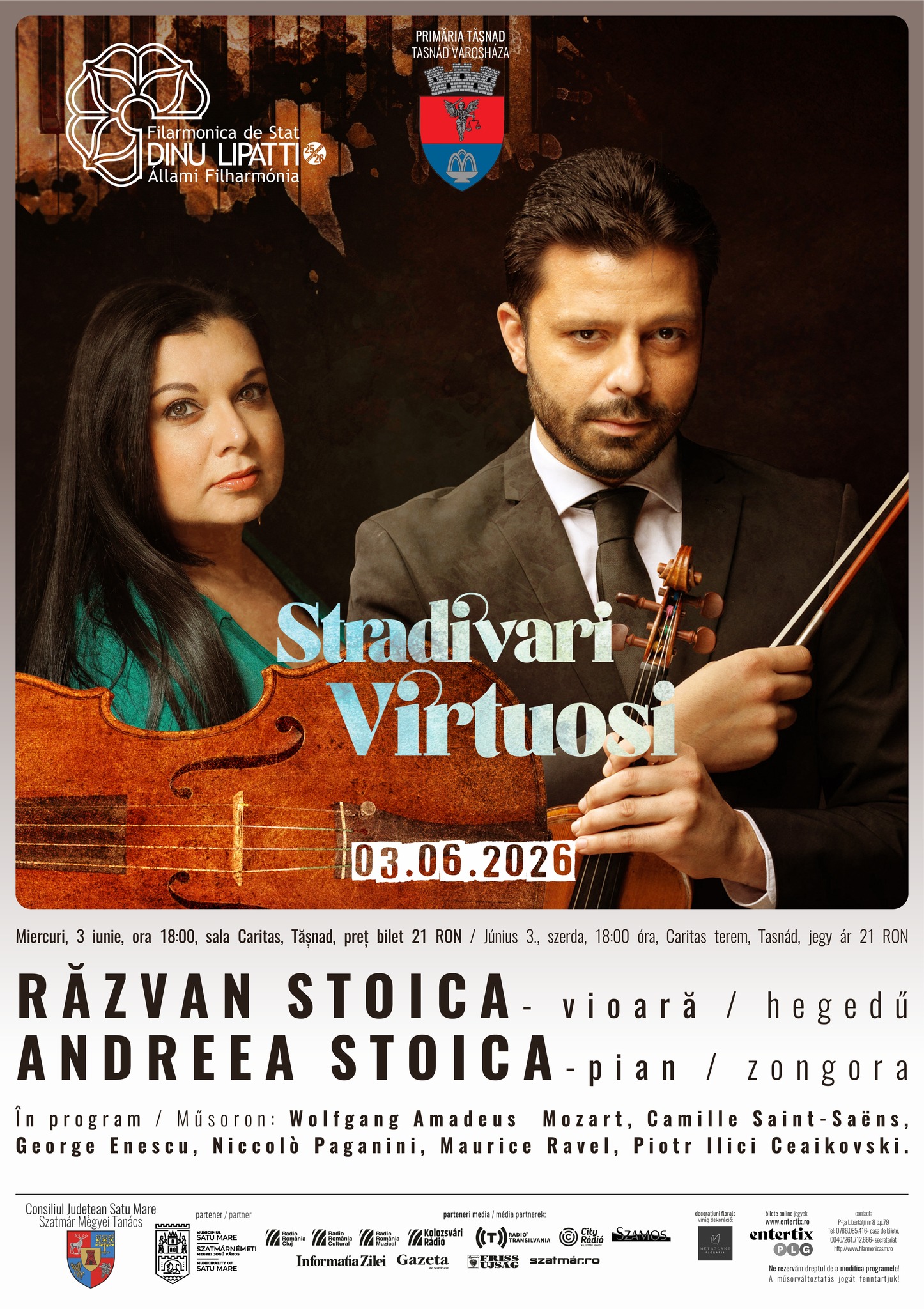 „Stradivari Virtuoși” ajunge la Tășnad, Satu Mare: Răzvan Stoica și Andreea Stoica aduc excelența muzicii clasice pe scena Sălii Caritas, miercuri, 3 iunie!