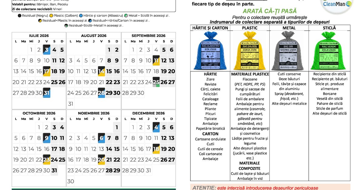 Colectare deșeuri iulie – decembrie 2026 – COMUNA BĂNIȘOR