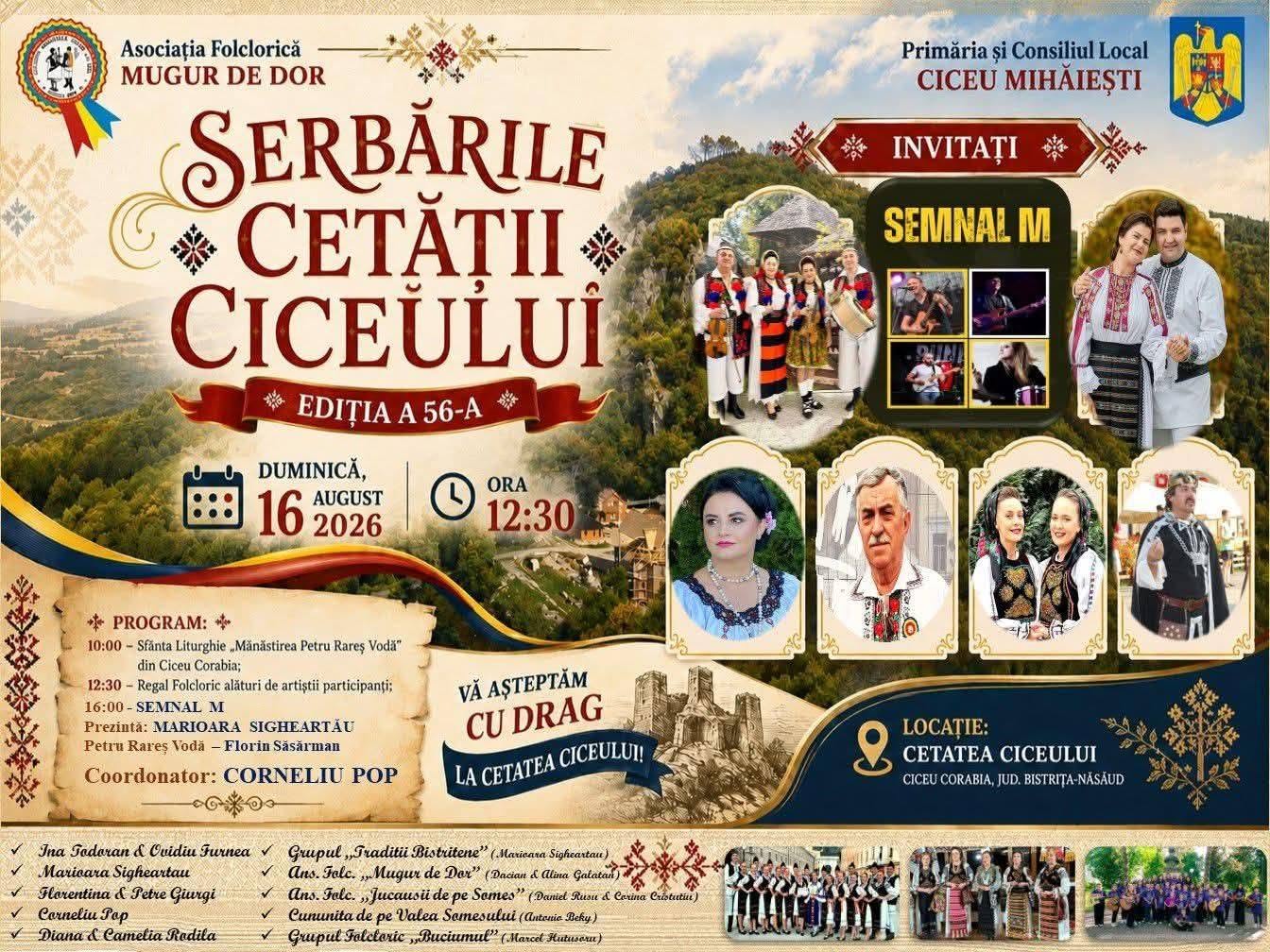Cetatea Ciceului, județul Bistrița-Năsăud, prinde din nou viață: „Serbările Cetății Ciceului” ajung la ediția cu numărul 56, cu muzică, tradiții și folclor autentic, duminică, 16 august!