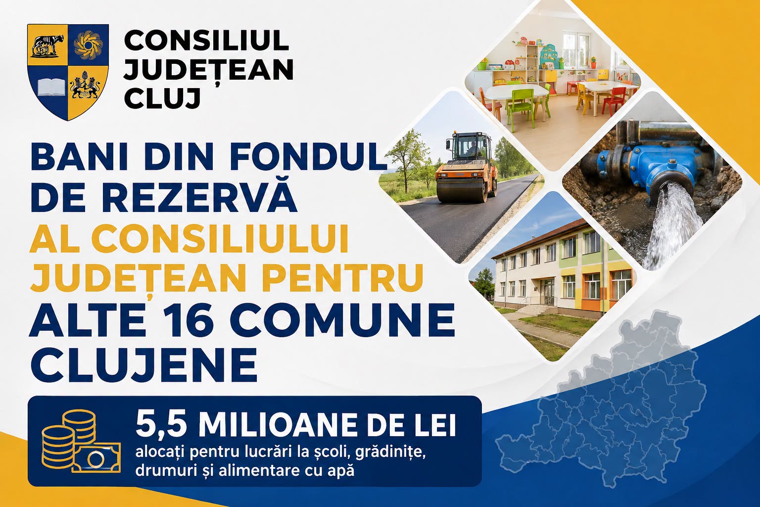5,5 milioane de lei din fondul de rezervă al Consiliului Județean Cluj pentru 16 comune: banii merg la școli, drumuri și rețele de apă!