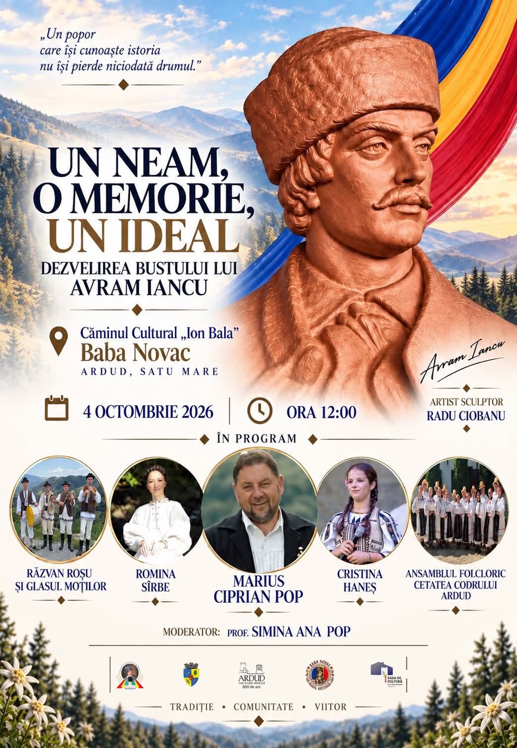 Avram Iancu revine în mijlocul comunității din Baba Novac, județul Satu Mare: bustul „Crăișorului Munților” va fi dezvelit pe 4 octombrie!