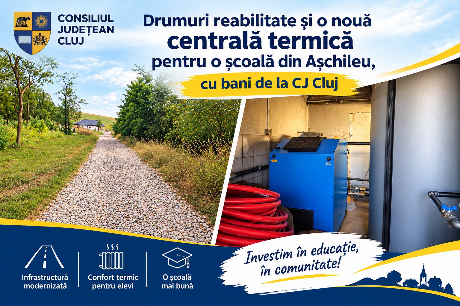 Investiții în comuna Așchileu, județul Cluj: drumuri pietruite și o centrală termică nouă la școala din Așchileu Mare!