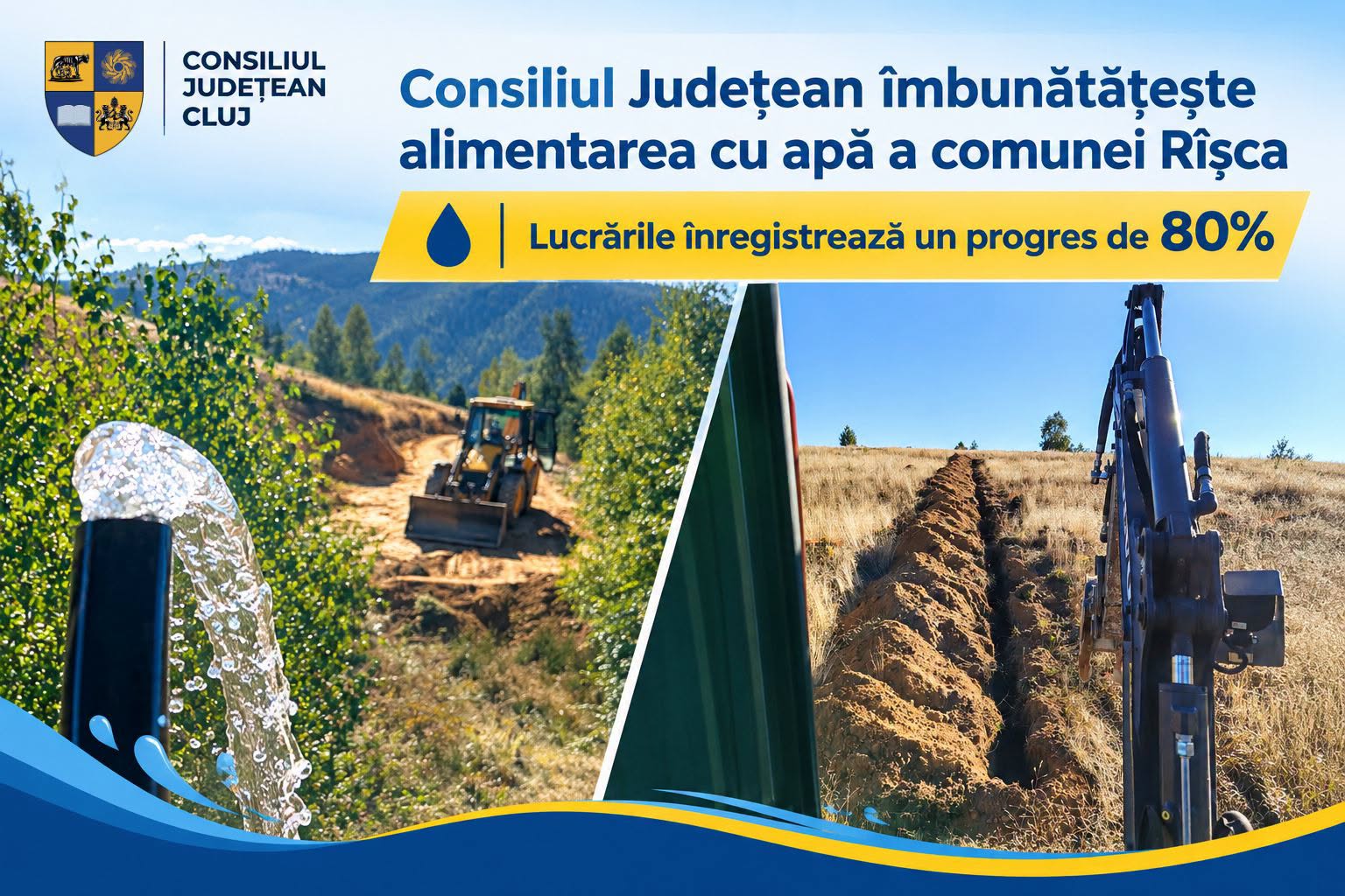 Consiliul Județean Cluj îmbunătățește alimentarea cu apă în comuna Rîșca: lucrările au ajuns la un stadiu de 80%!