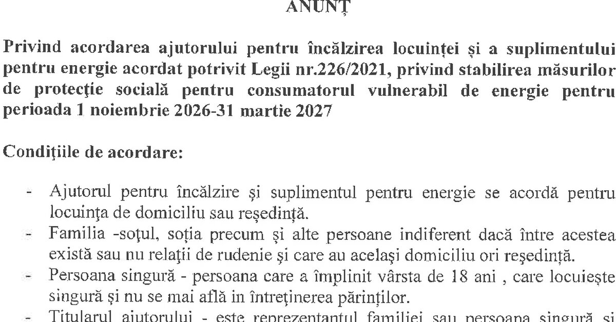 Anunț ajutor pentru încălzirea locuinței și supliment pentru energie